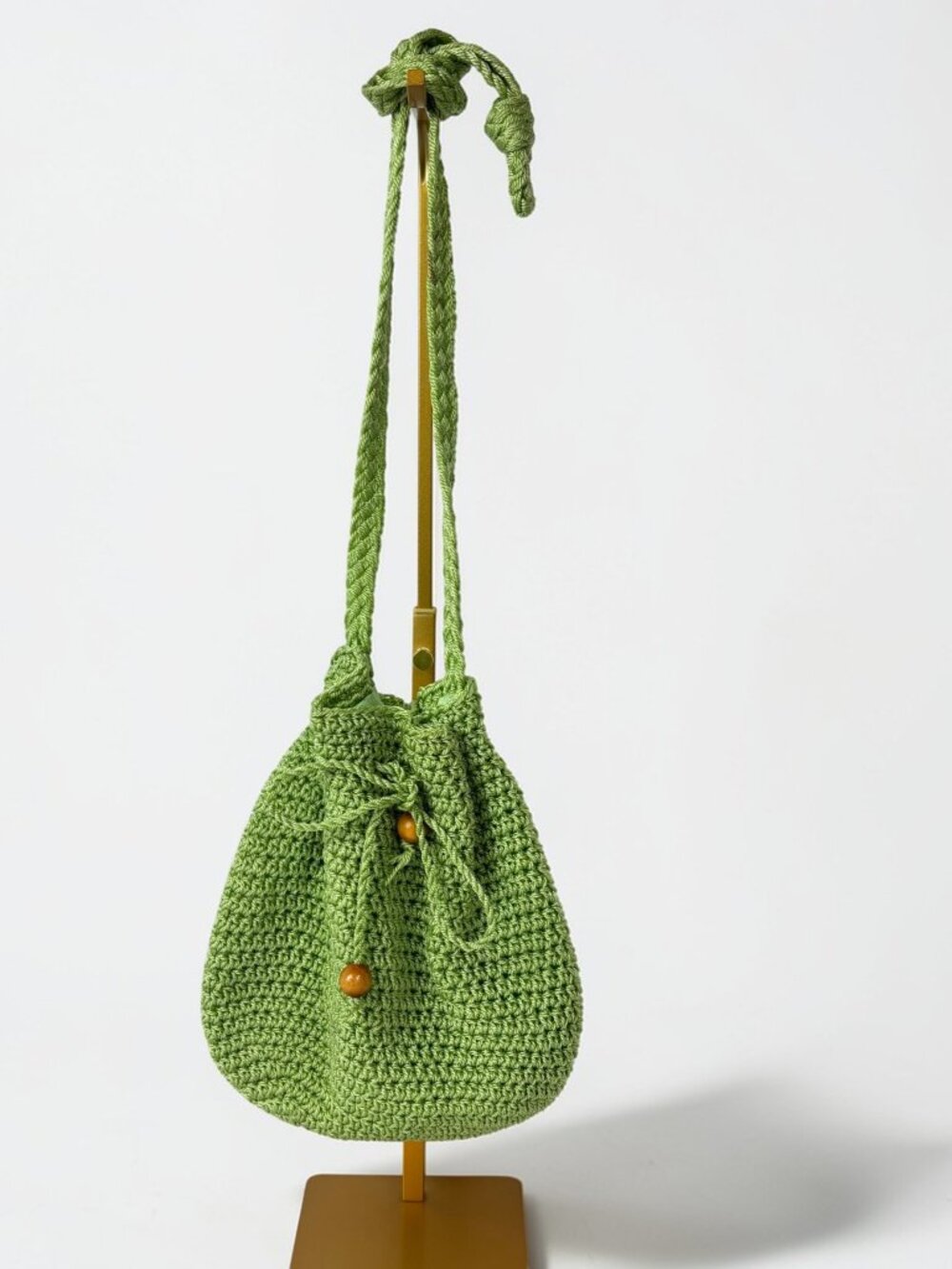 Green Crochet Drawstring Bucket Crossbody Bag Boho Purse